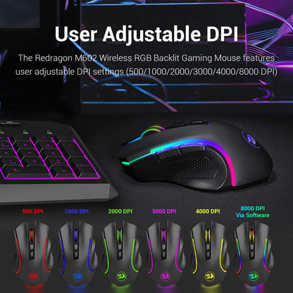 Redragon M602 Griffin RGB Gaming Mouse, RGB Spectrum Backlit Ergonomic Mouse with 7 Programmable Backlight Modes up to 8000 DPI for Windows PC Gamers (Black, Wireless)