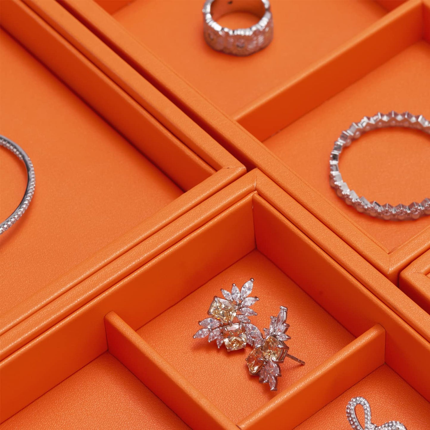 Oirlv Luxury Orange Leather Jewelry Tray Stackable Flat Jewelry Drawer Organizer Earrings Rings Bracelets Storage