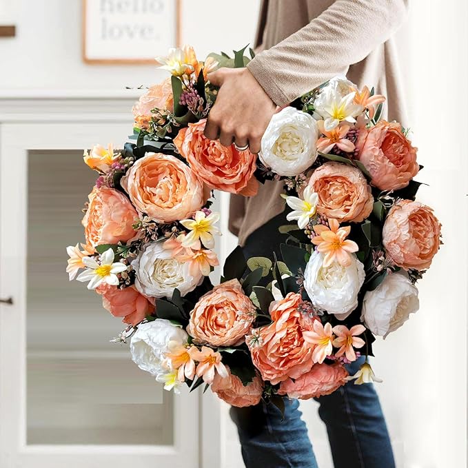 WANNA-CUL 20 Inch Spring Fall Wreaths for Front Door Decor,Summer Front Door Wreath with White and Champagne Gold Rose Flower for Wedding or Indoor&Outdoor Home Decor