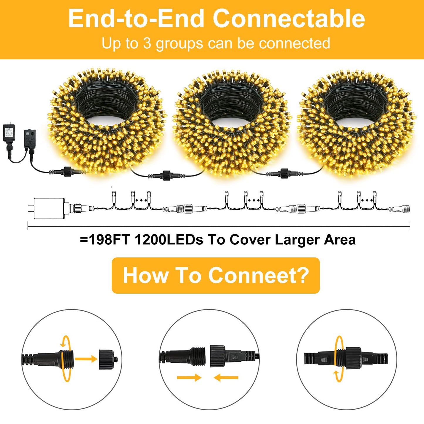 echosari 400 LED Christmas String Lights Connectable, Extra Long 66Ft Outdoor String Lights End-to-end Plug in with Remote Timer for Garden Patio Tree Decor (Warm White)