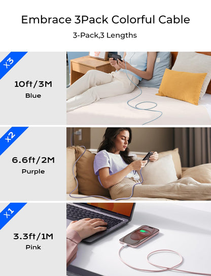 LISEN USB C Cable, 5-Pack [3.3/3.3/6.6/6.6/10FT] for iPhone 17 Charger Cord, 60W USB C to USB C Fast Charging Cable for iPhone 17 Air 16 15 Pro Max, Samsung Z Flip 7/S25/S24, Switch 2, iPad, MacBook