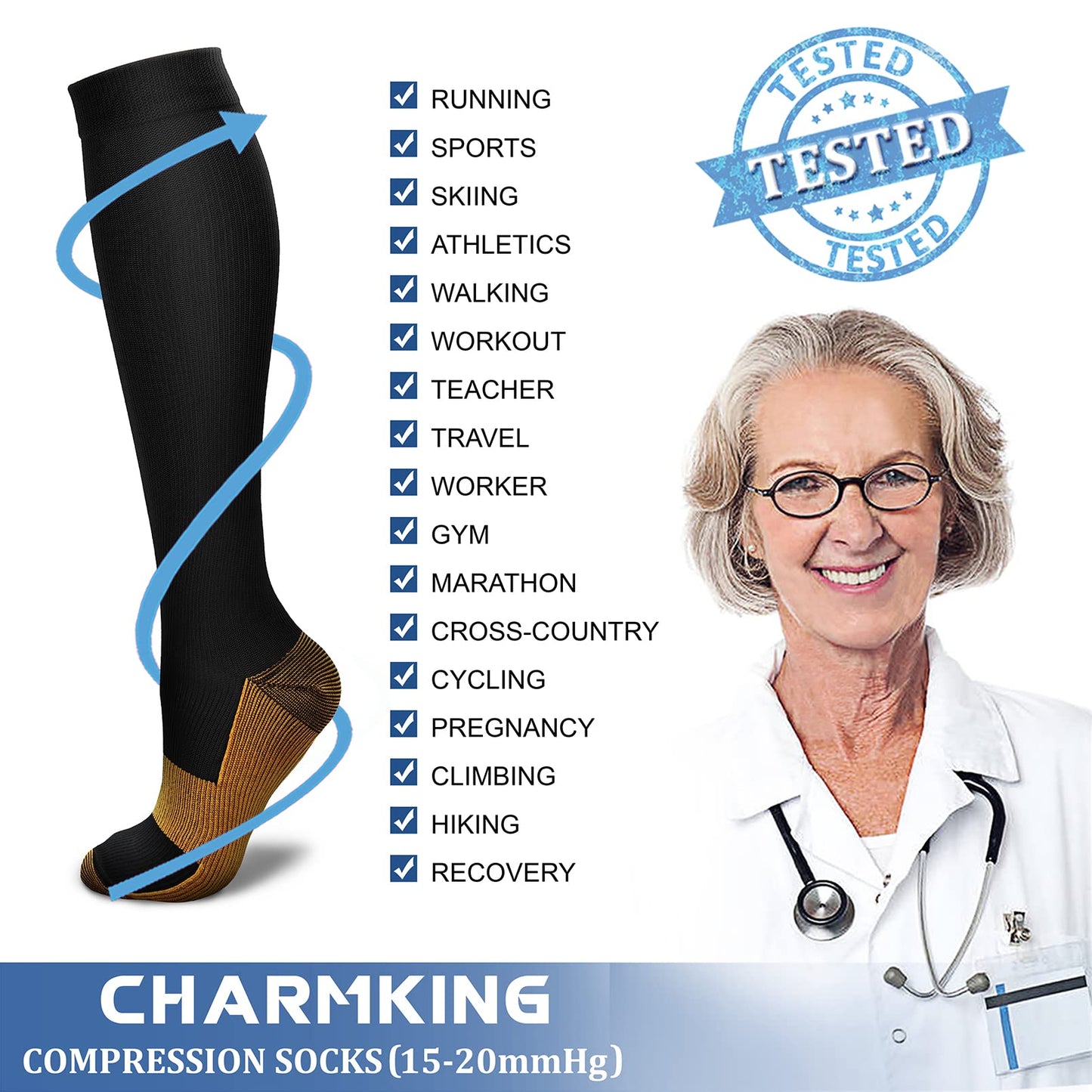 CHARMKING Compression Socks for Women & Men (8 Pairs) 15-20 mmHg Graduated Copper Support Calf Socks are Best for Pregnant, Nurses - Boost Performance, Circulation, Knee High Wide Calf(L/XL, Multi 48)