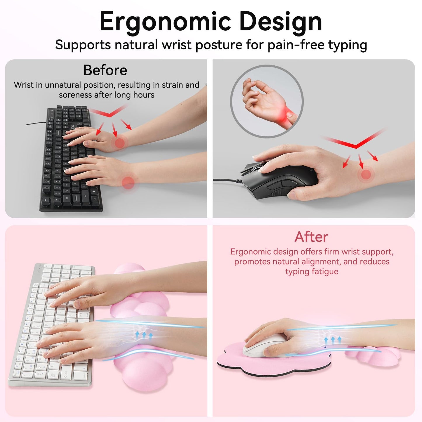 Sushret Cloud Wrist Rest for Computer Keyboard, 4-in-1 Memory Foam Leather Cloud Keyboard Wrist Rest and Mouse Pad Set with Ergonomic Support for Arm and Palm Cushion, Gaming/Work Setup, Pink