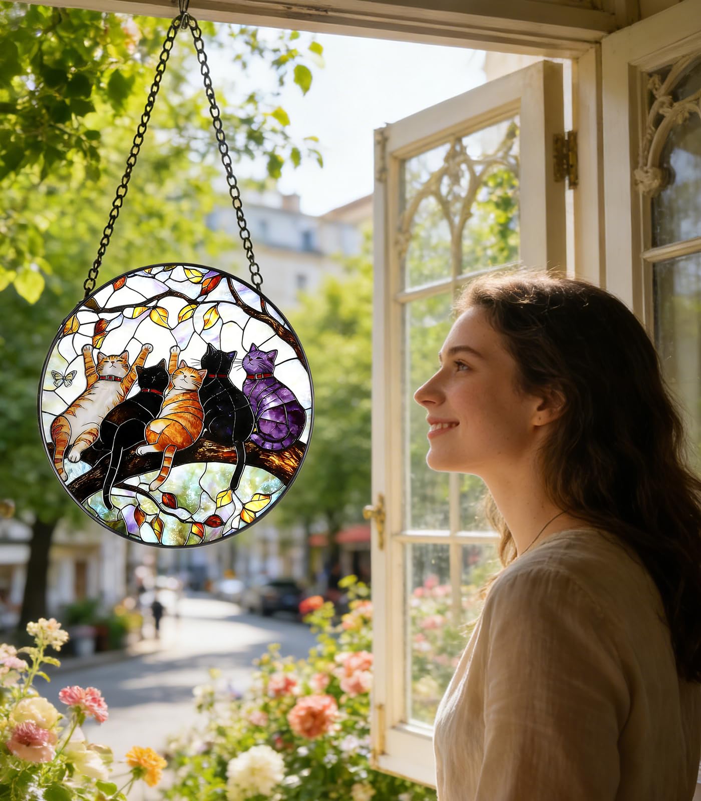 NGOKPYD Cat Stained Glass Window Hanging - 5 Happy Kittens on a Branch Suncatcher for Window Doors Home Decoration and Christmas, Mother's Day Birthday Gifts for Women Men Mom 6.3x6.3 inch
