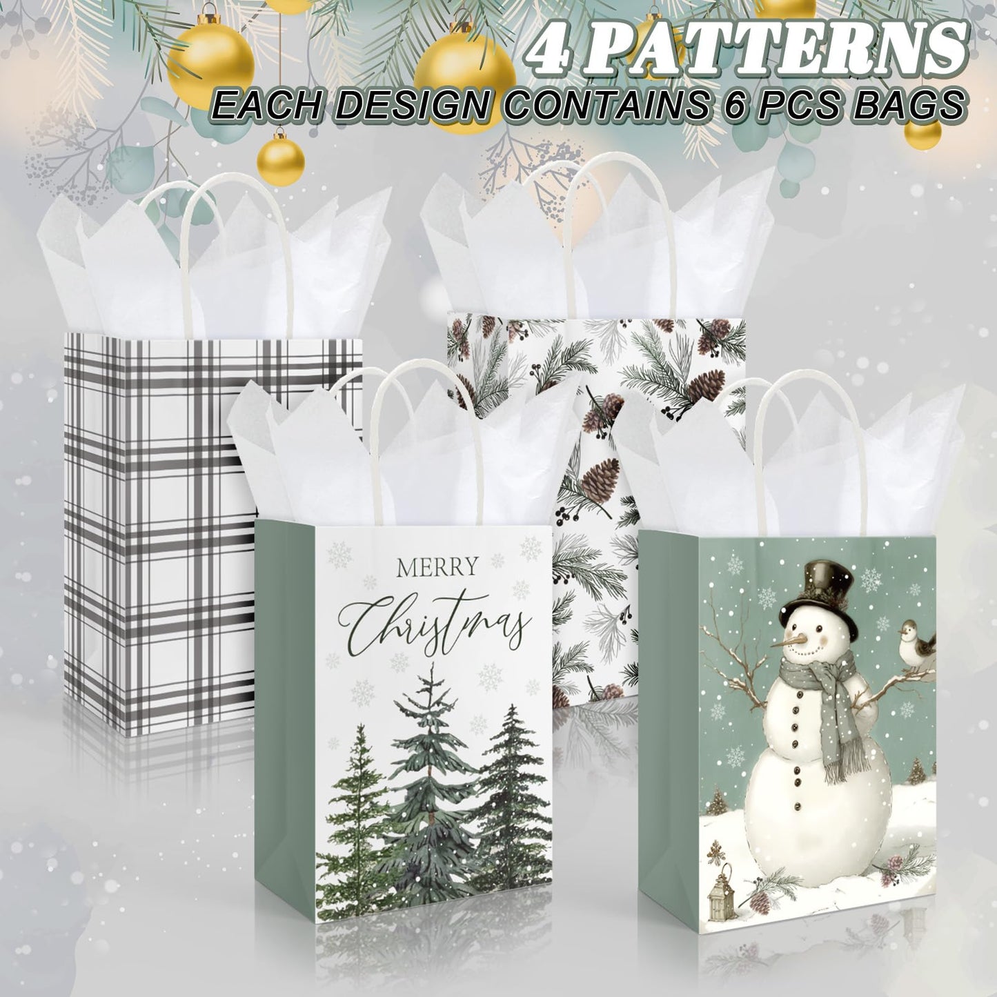 JarThenaAMCS 24 Pcs Christmas Paper Gift Bags with Tissue Paper Sage Green Xmas Tree Snowman Party Favor Large Bags with Handle Goodie Candy Treat Bags for Winter Wedding Holiday