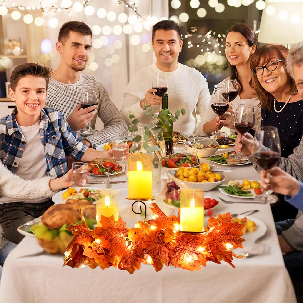 Fall Candle Holder Fall Table Centerpiece with Lights Thanksgiving Table Decor with Pumpkins Berries Maple Leaves Autumn Harvest Decoration with 3 Candle Holders for Dining Table Fireplace Home Decor