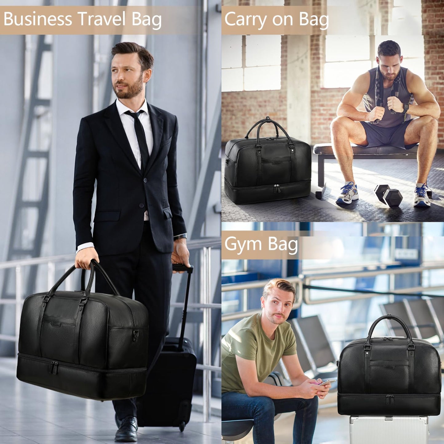Wogarl Faux Leather Weekender Bag - Large Overnight Duffel with Shoe Compartment, Toiletry Satchel, Carry On Bag - Fit 21" Laptop (Black)