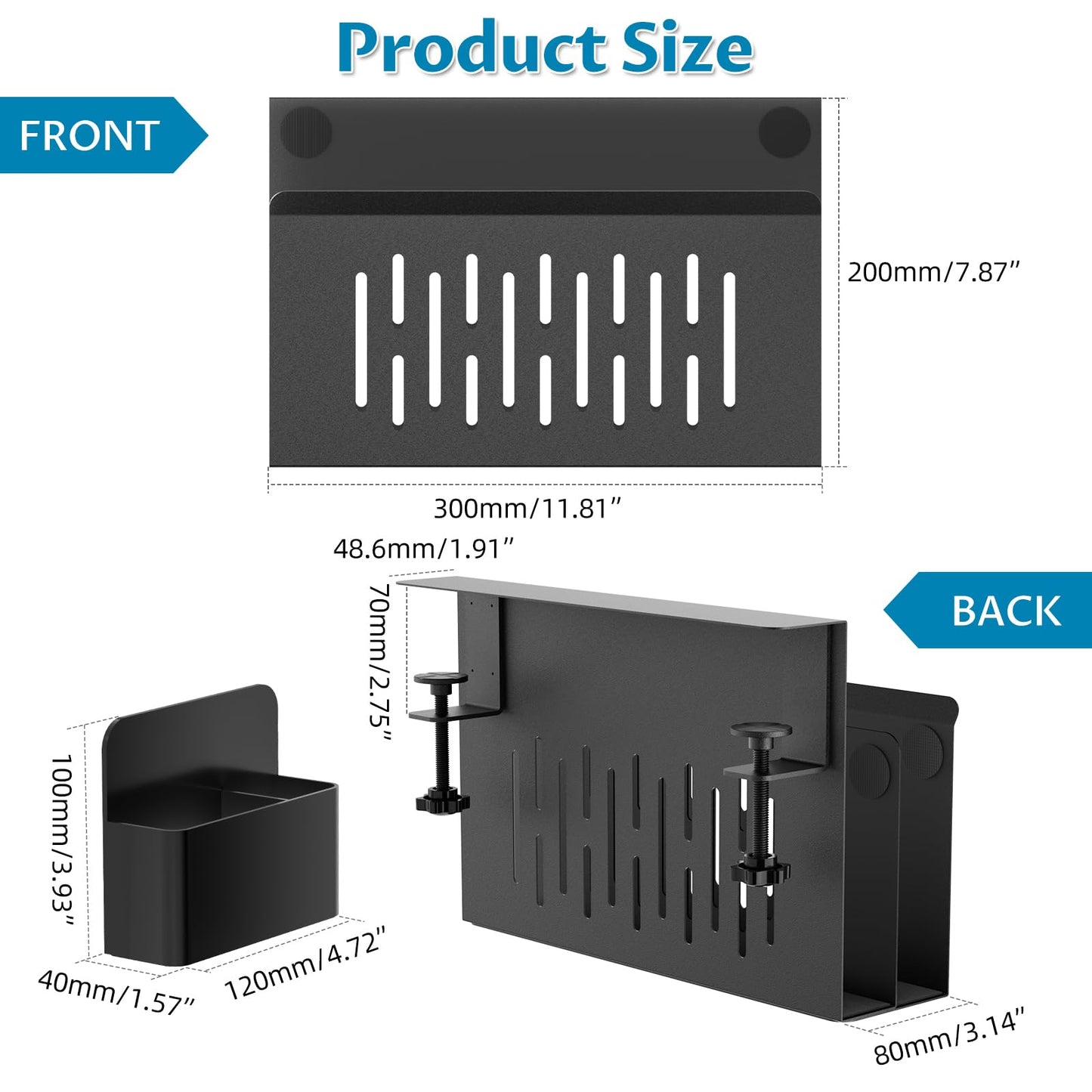 Onemake Desk Side Storage, 2-Tier No Drill Laptop Holder, Clamp on Desks Shelf with Magnetic Pen Holder, Hanging Desk Organizer for Home Office, Fits Flat Edge Tables 0.4" to 2.3"