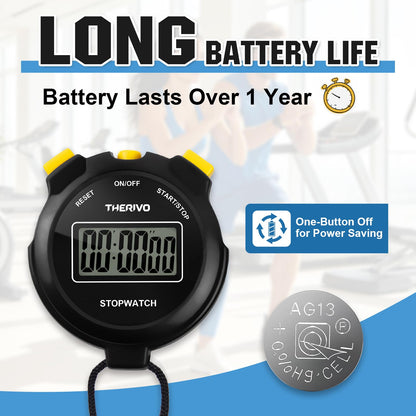 Therivo 2 Pack Digital Simple Silent Stopwatch Timer: Basic Stopwatch Only (No Laps), Easy to Use, Read, and Carry with Intuitive Buttons — On/Off, Large Display, Ideal for Kids, Sports, Coaches