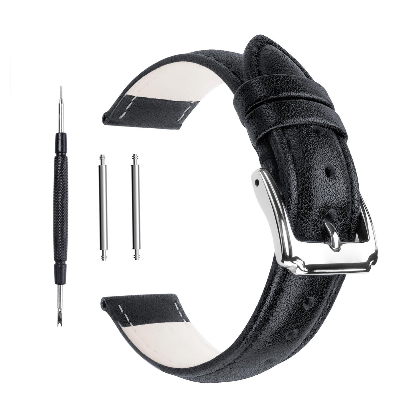 Berfine 14mm 16mm 18mm 20mm 22mm Calf Leather Watch Band, Extra Soft Watch Strap for Men Women (16mm, Black)