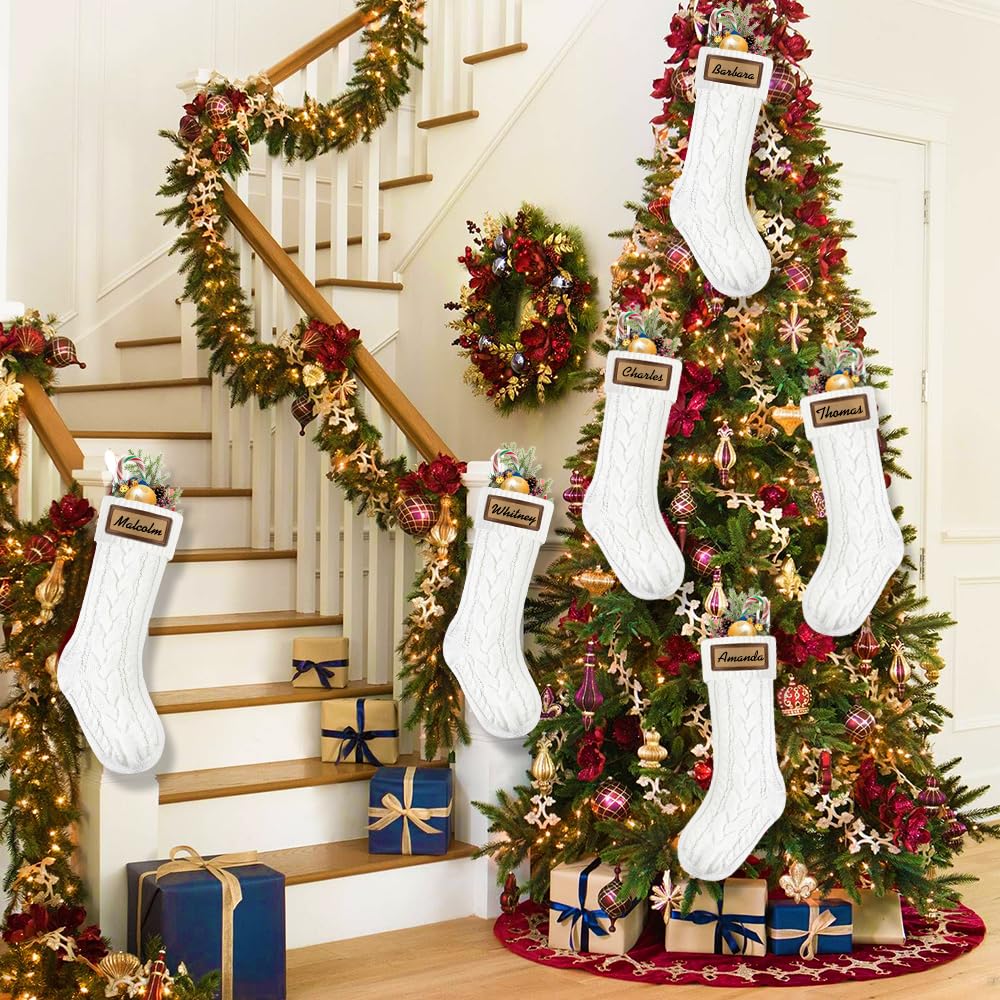 XOYTN 6 Pack Christmas Stockings, 18inch Large White Cable Knitted Stocking Personalized Xmas Hanging Stocking with Leather Patches Custom Name for Christmas Holiday Party Decoration
