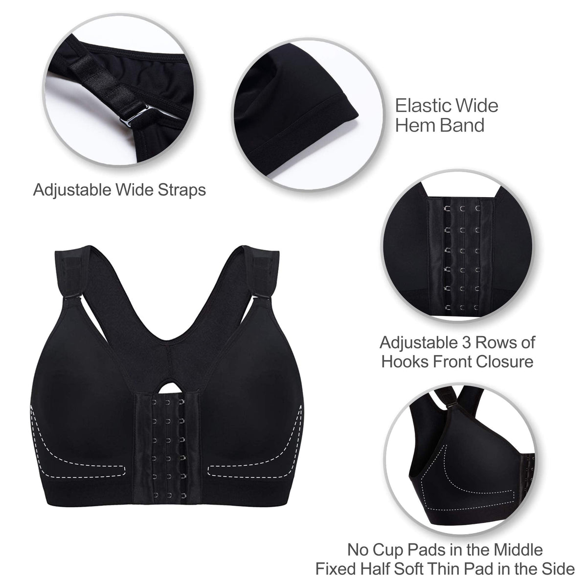 SHAPERX Women's Post-Surgical Front Closure Sports Bra Adjustable Wide Strap Racerback Support Bra,SZ83288-Black-L