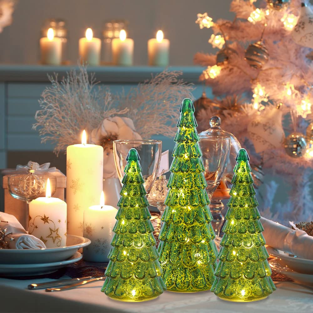 PHITRIC Christmas Decorations Indoor, 3 pcs Sparkling Glass Christmas Tree with LED Lights and Timer, Tabletop Christmas Tree Decor, Xmas Tree Decorations for Living Room, Fireplace, Table, Home