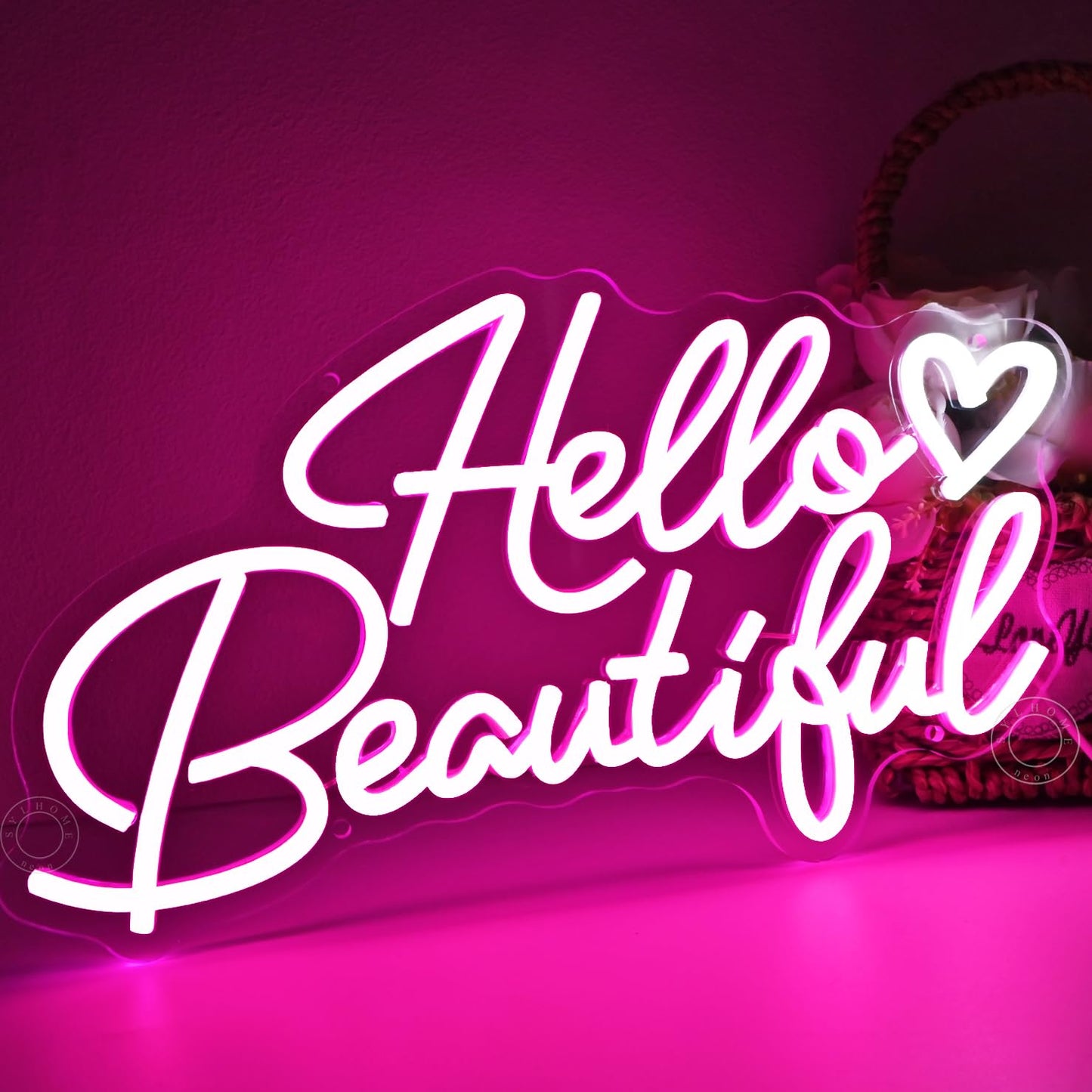 SYLHOME Hello Beautiful Led Neon Light Sign Pink Heart Hello Gorgeous Bedroom Wedding Birthday Party Decor USB Bacelorette Christmas Valentines Day Decoration 15.75"X8.7"