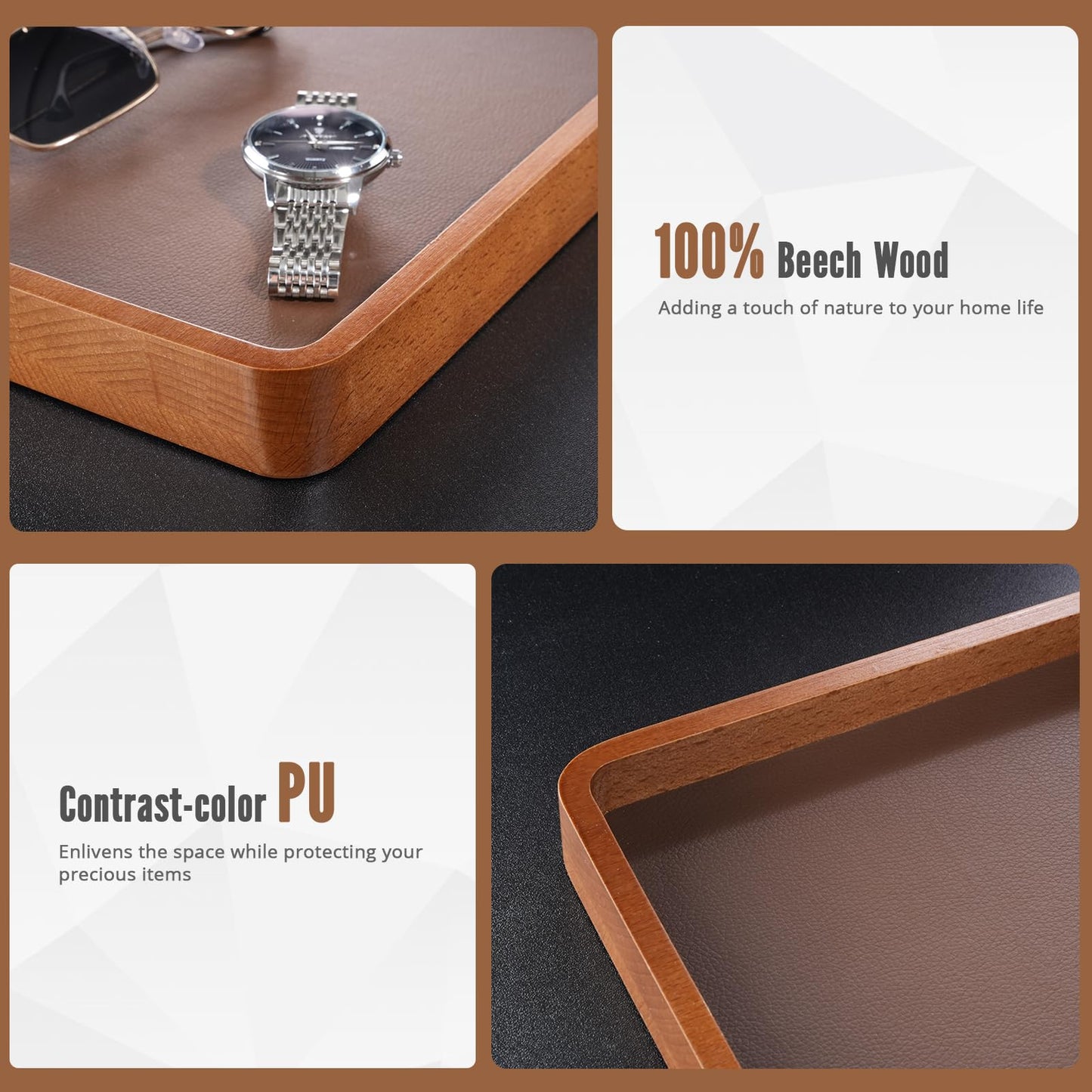 ProCase Wooden Valet Tray for Men, Wood Catch-All EDC Organizer, Fathers Day Gift, Nightstand Entryway Bedside Dump Holder for Wallets, Keys, Watches, Phones, Loose Change, Trinkets -DarkBrown