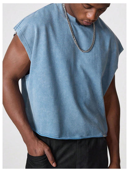 GORGLITTER Men's Dolman Sleeve Crop Vest Top T Shirts Crewneck Loose Pullover Tank Tops Blue X-Large