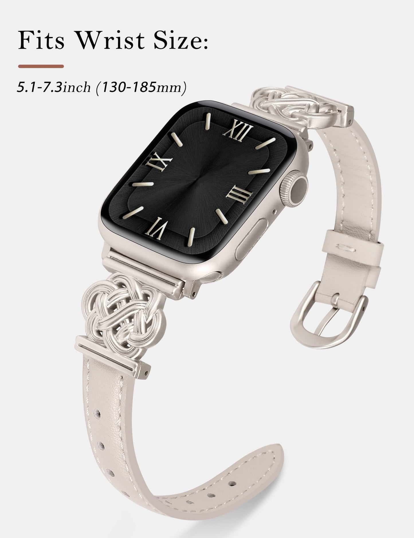 Minyee Celtic Knot Leather Band Compatible with Apple Watch Band 38/40/41/42mm Women, Slim Thin Dressy Premium Leather Interlock Buckle Strap for iWatch Series 11 10 9 Ultra SE 8 7 6 5 4 3,Starlight