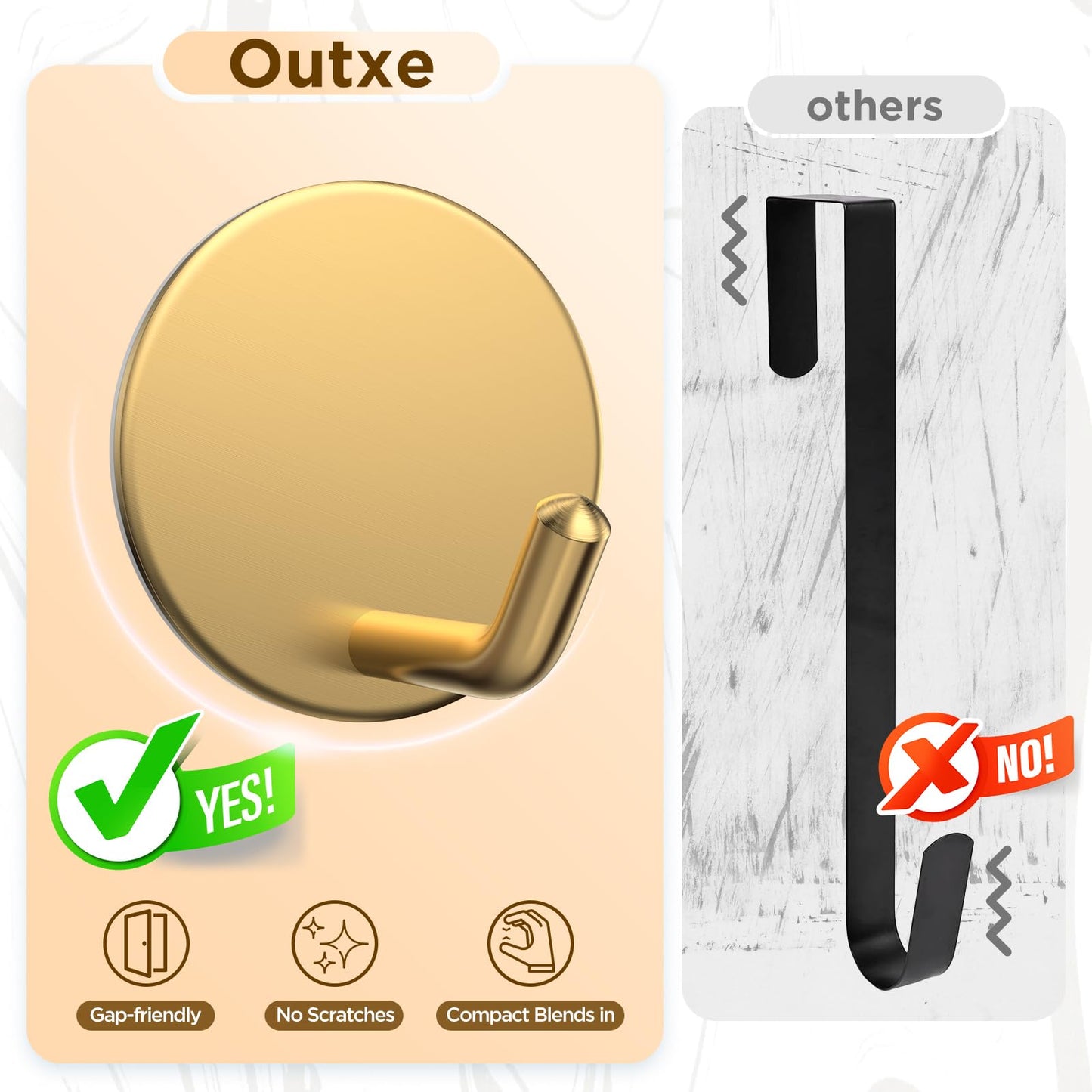 OUTXE Adhesive Wreath Hanger, Heavy Duty Reef Hook | for Front Door Glass Window | for Christmas/Thanksgiving/Halloween/July 4th/Easter/Valentine/Fall/Summer/Spring (Gold, 2-Pack)