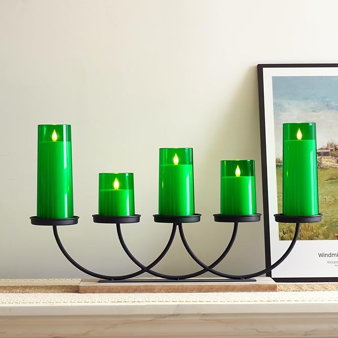 Homemory Green Flickering Flameless Candles, Battery Operated Acrylic LED Pillar Candles with Remote Control and Timer, Set of 5, St. Patrick's Day