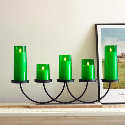 Homemory Green Flickering Flameless Candles, Battery Operated Acrylic LED Pillar Candles with Remote Control and Timer, Set of 5, St. Patrick's Day