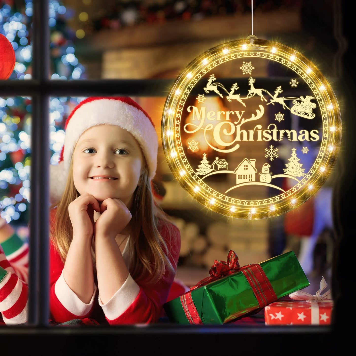 Tiamon Merry Christmas Window Light Decorations Xmas LED Decorative Window Battery Operated 3D Acrylic Hanging Light with Suction Cup Hooks for Holiday Party Windows Wall Bedroom Decor, Warm White