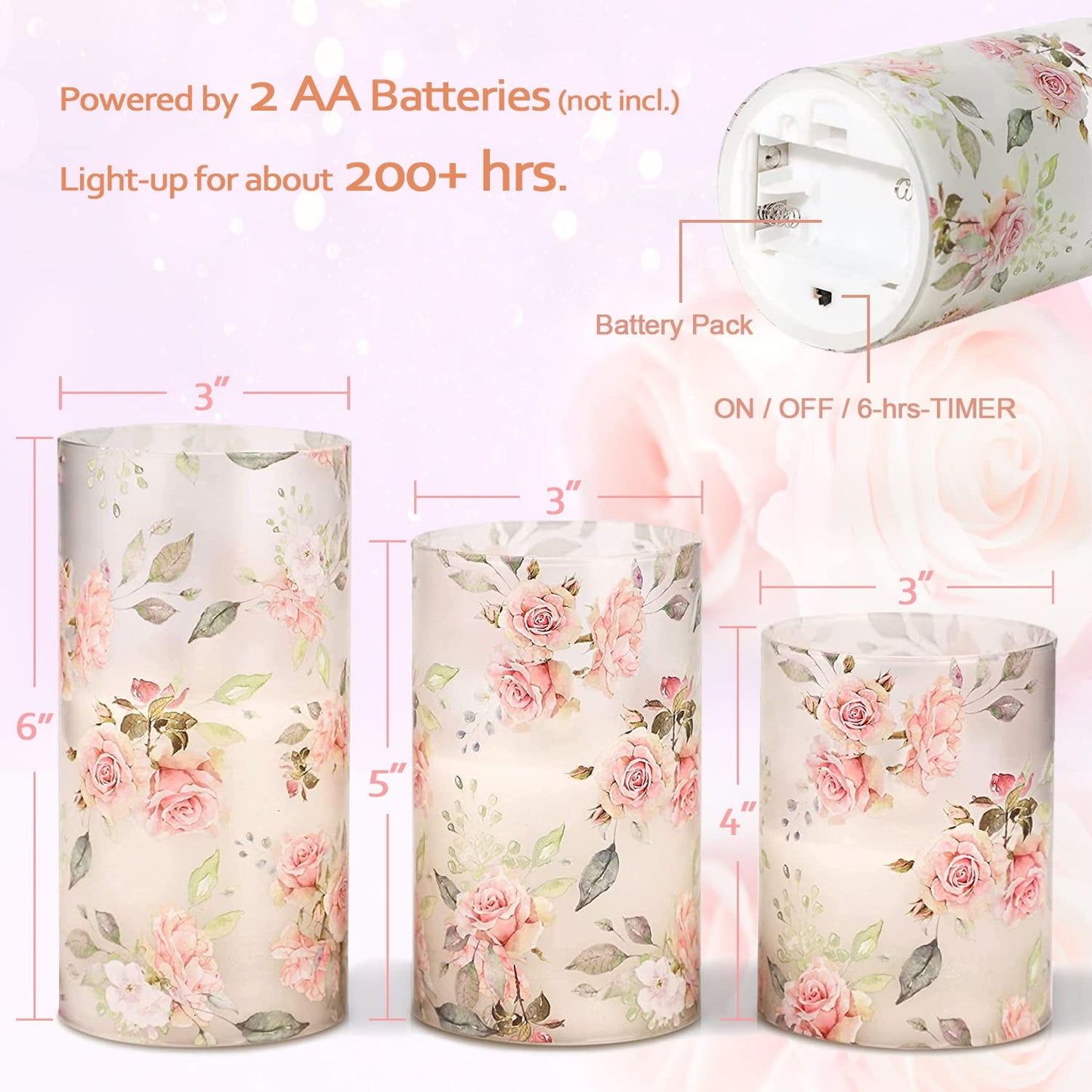 GORGE MOMENT Rose Flameless Candles Love Theme Battery Operated Glass Flickering LED Candle with Remote Pink Flower Decal Realistic Pillar Candles Bedroom Home Decor Table Ornament