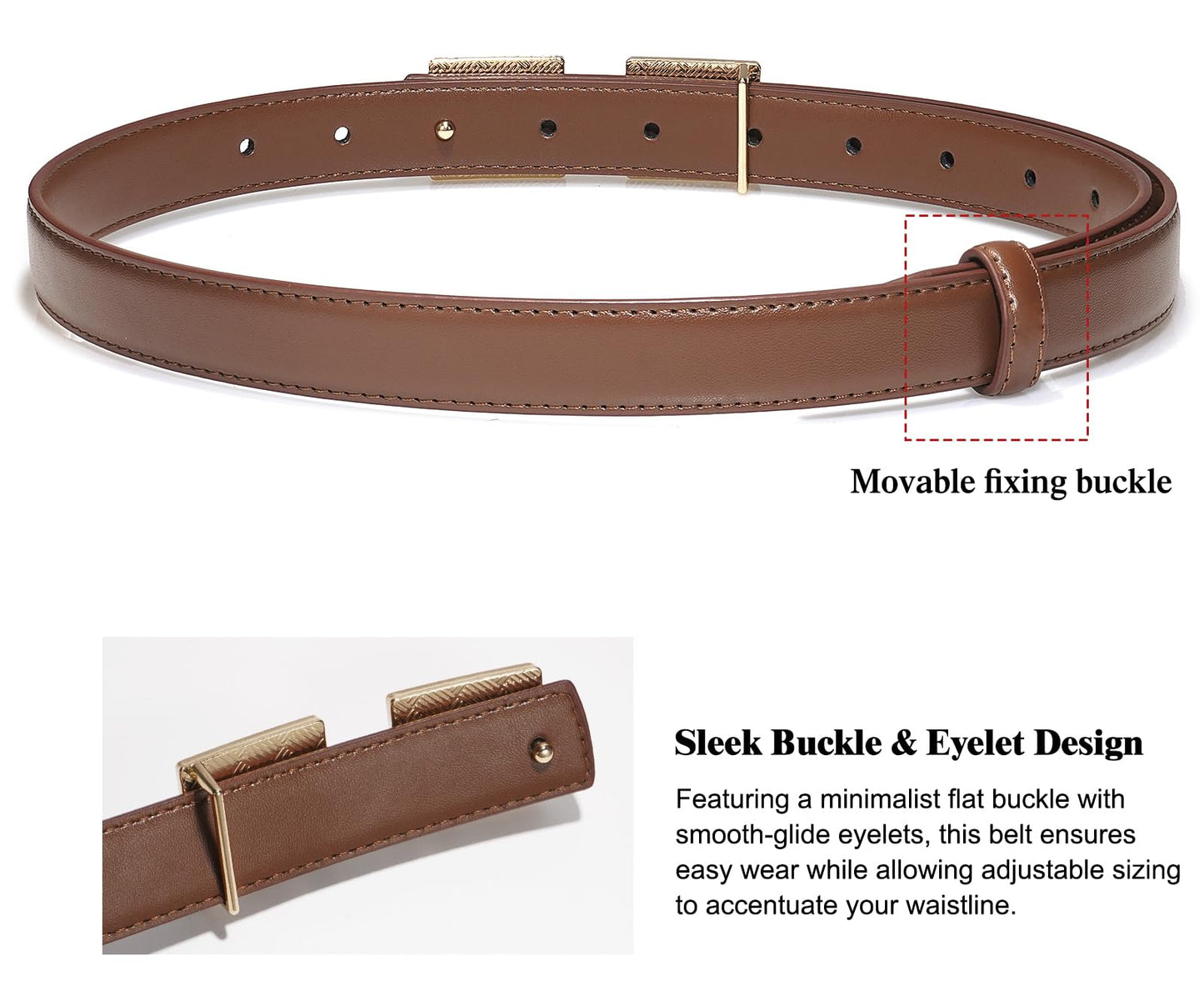 Glamorstar Women Skinny Belts Thin PU Leather Waist Belt with Gold Buckle Brown 102CM/40IN