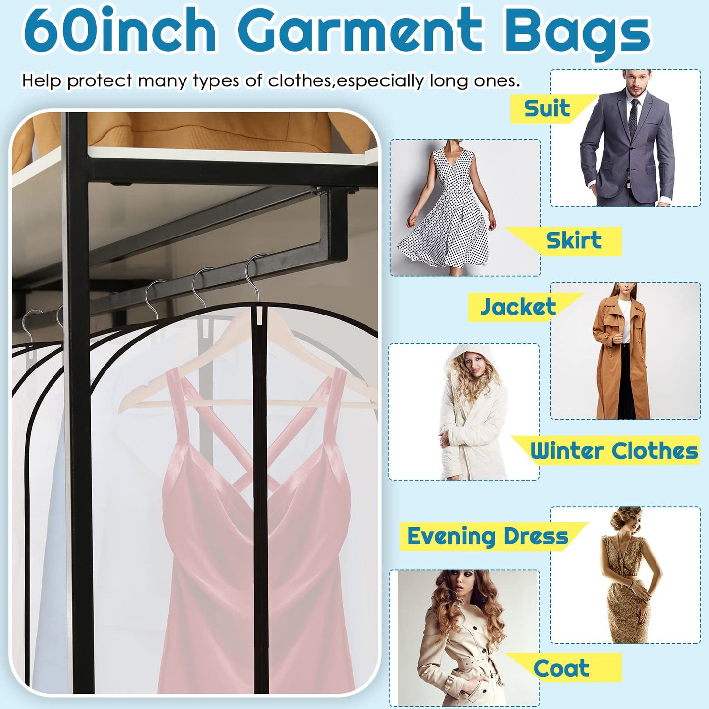 Amylove 20 Pcs 24 x 60 Inch Garment Bags Bulk Hanging Clothes Storage Covers for Closet Organization Dustproof Long Dress Bag Set for Wedding Dresses Gowns Coats Travel Suit