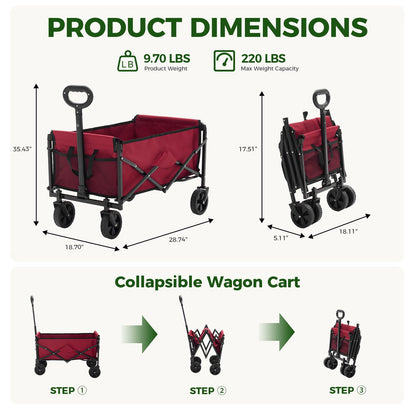 DUMOS Collapsible Wagon Cart, Heavy Duty Foldable Utility Wagon with Wheels – 220 lbs Capacity, Flexible Handle for Beach, Garden, Sports, Grocery & Camping, Red