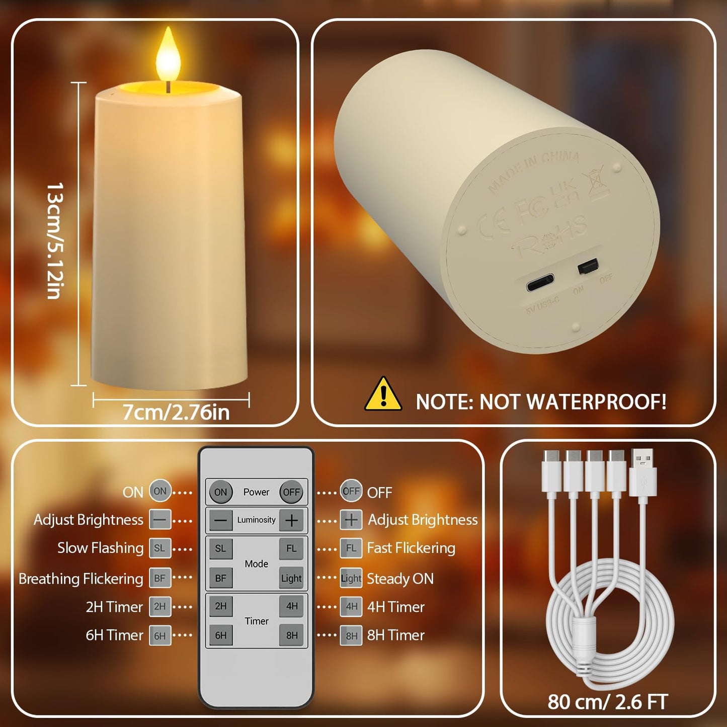 SoulBay USB Rechargeable Flameless Candles, 4-Pack LED Pillar Candles with Remote and Timer, Fake Electric Candles for Indoor Home Decor, Lanterns, Christmas & Parties (Magic Blow-Out Feature)