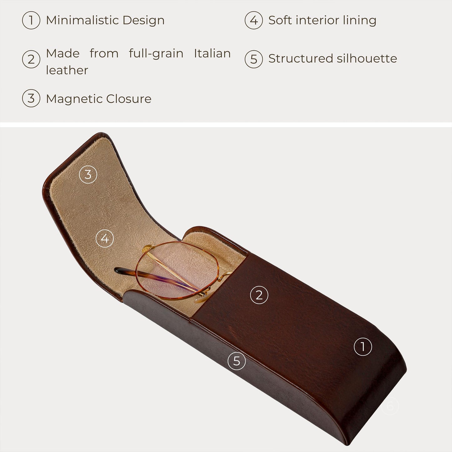 Time Resistance Leather Glasses Case - Hard Shell Leather Glasses Case - Made in Italy (Brown)