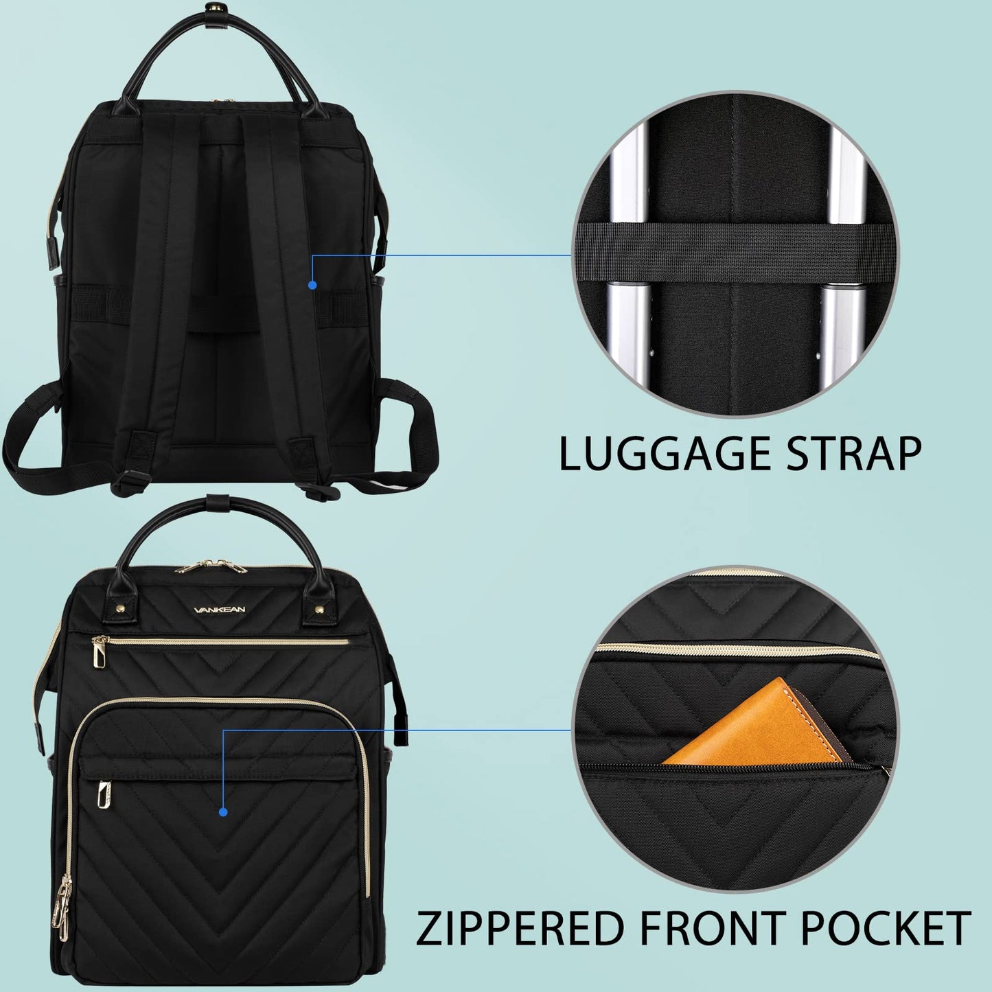 VANKEAN 17 Inch Laptop Backpack for Women Fashion Computer Work Bag, Large Capacity Waterproof Backpack, College Daypack Business Travel, Black