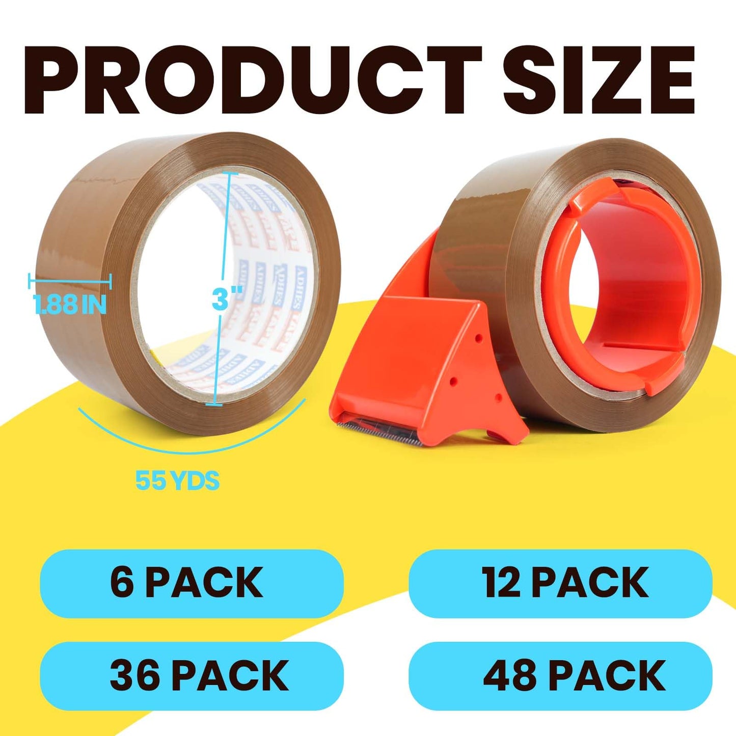ADHES Brown Packing Tape with Dispenser, 1.88 Inch x 55 Yards, 12 Rolls Heavy Duty Shipping Tape for Moving Boxes, Packaging and Storage, Strong Adhesive