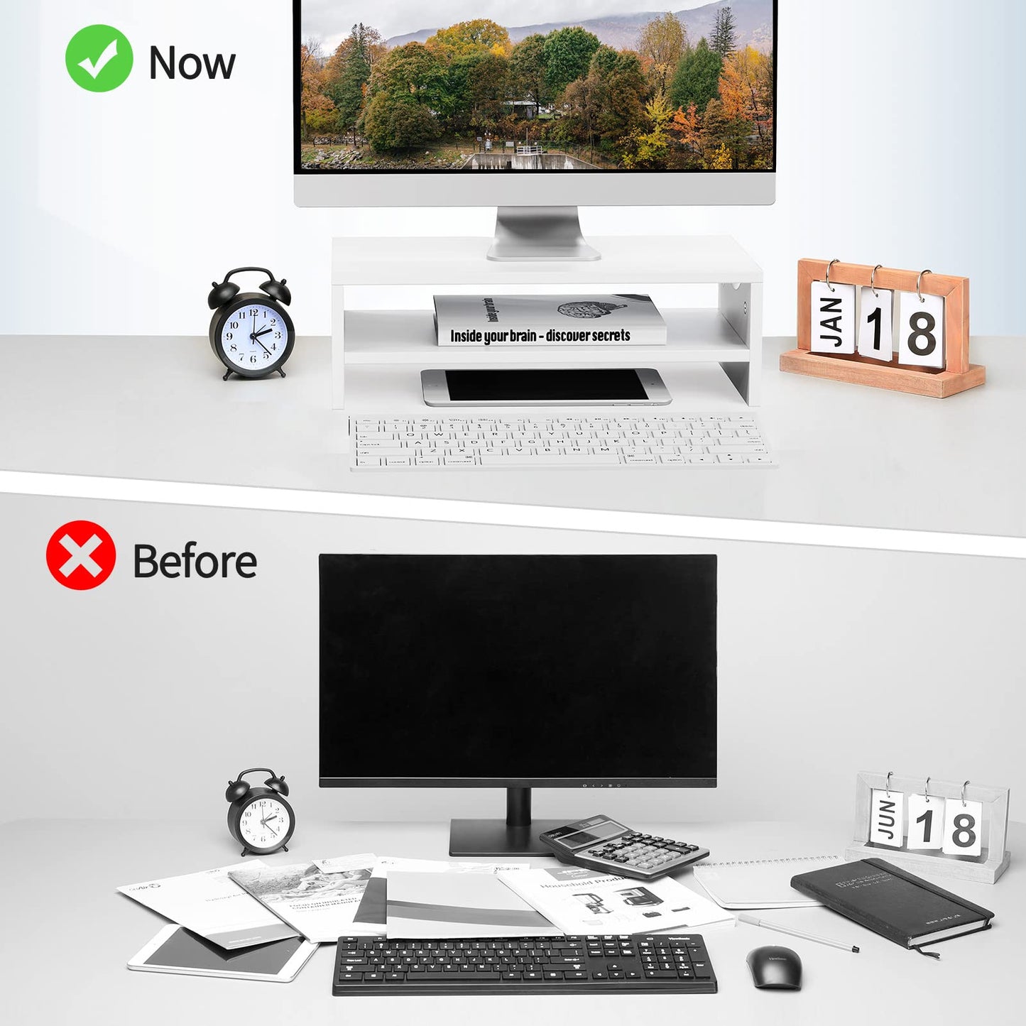 LIFTGO Monitor Stand Riser, 2-Tier Wood Computer Monitor Riser with Storage, Computer Screen Desk Shelf for Monitor, Laptop, PC, iMac, TV & Printer (White)