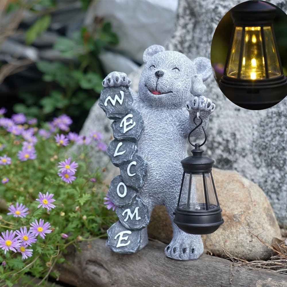 Youfui Bear Figurine Light Solar Powered Led Light- Welcome Lawn Decor Bear Garden Statues for Patio, Balcony, Yard Ornament, Outdoor Figurine Light House Housewarming Gifts, 7.8x4.13inch