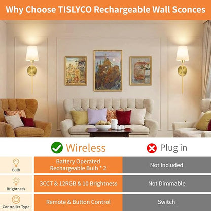 TISLYCO Battery Operated Wall Sconces Set of 2, Gold Rechargeable Wall Lamps with 2500mAh Magnet Detachable Dimmable Remote Bulbs,12 RGB Colors & 3 Color Temperatures Wireless Wall Lights for Bedroom