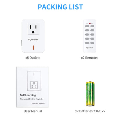 Remote Control Outlet Wireless Light Switch for Household Appliances, Expandable Remote Light Switch Kit, Up to 100 ft Range, White (5 Outlets + 2 Remotes)