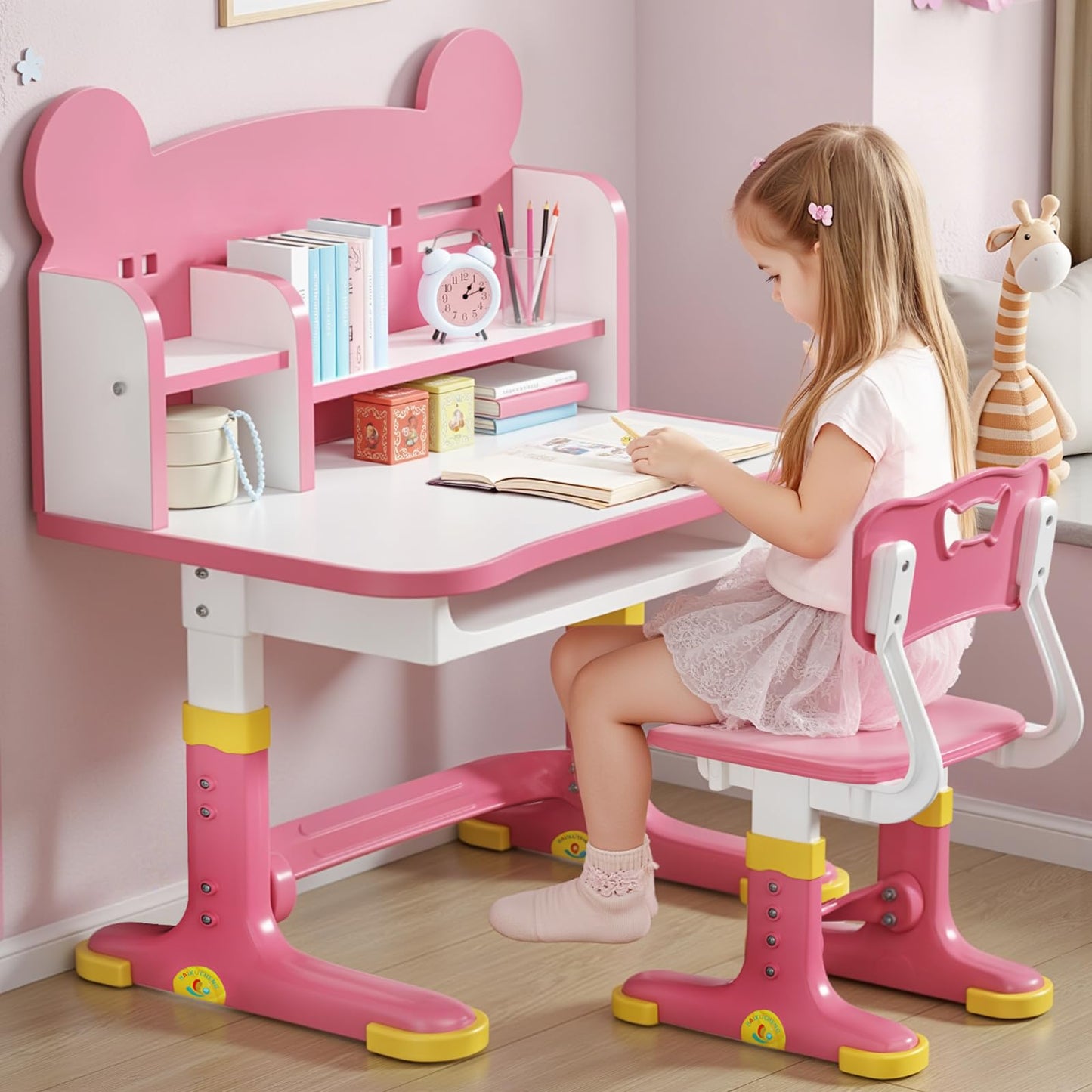 Xaperexi Kids Desk and Chair Set, Height Adjustable Child's School Study Writing Tables, Kids Desk with Bookstand and Storage Drawer, Widened Desktop with Desktop for Boys and Girls (Pink-F)