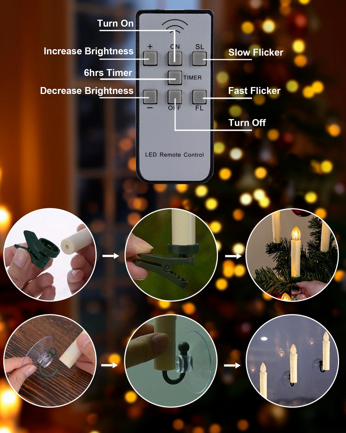 Homemory 10 PCS LED Window Candles with Remote Timer, Battery Operated Flameless Taper Christmas Candles Light with Clips/Suction Cups, Flickering Warm White Light, Dia 0.7''x H 4''