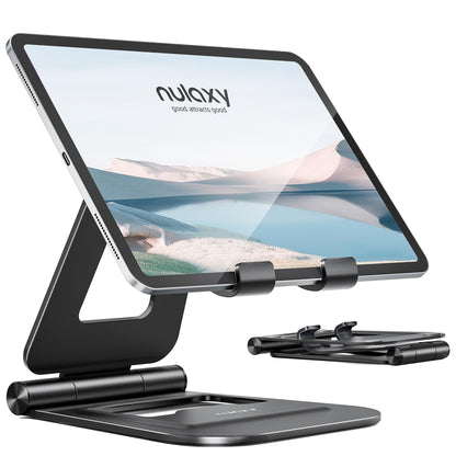 Nulaxy Aluminum Dual Foldable iPad Stand, Fully Adjustable Desktop Tablet Holder, Tablet Accessories for Office Kindle Compatible with Mobile Devices iPad Pro/Air/Mini, iPhone Pro/Max/Plus, Gray