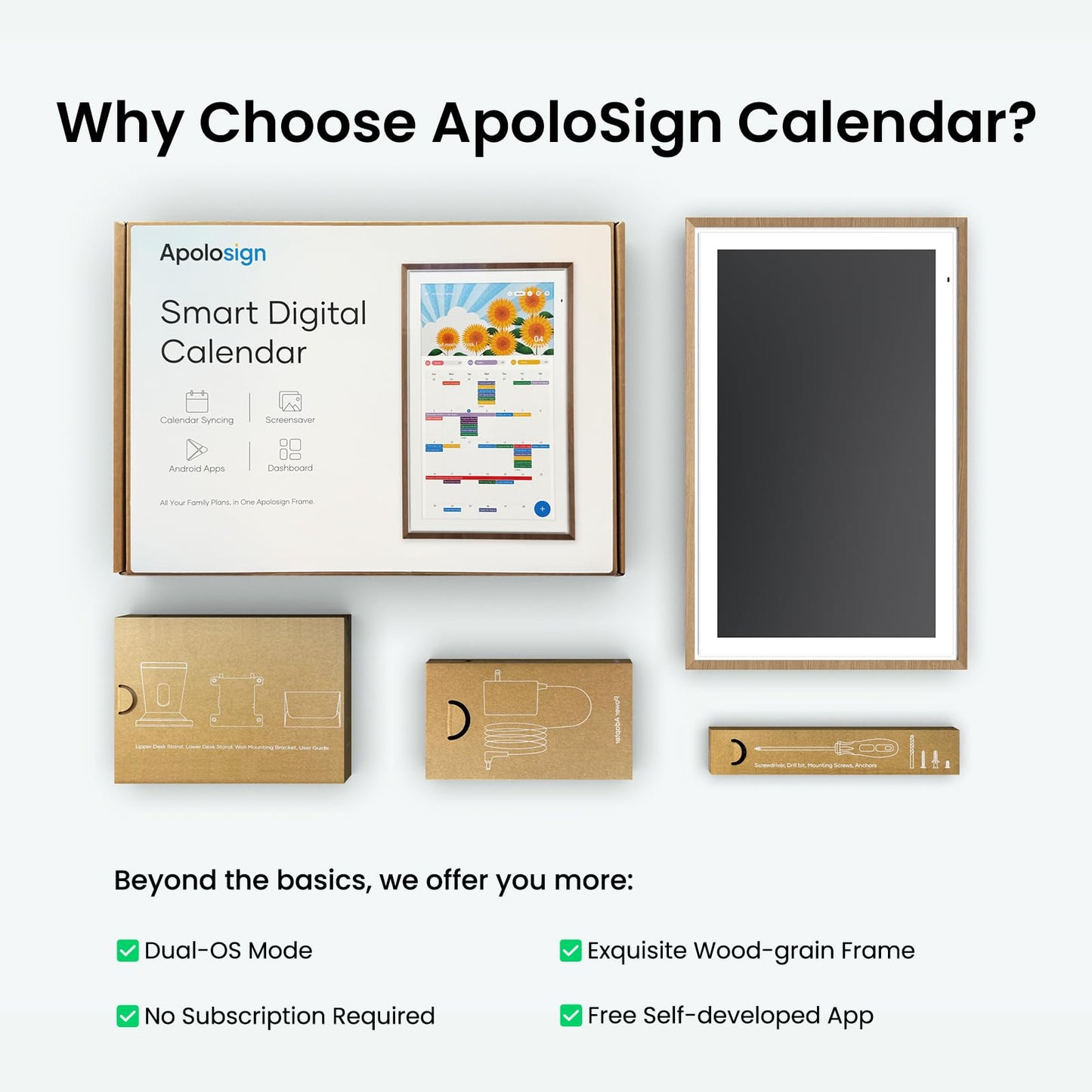 Apolosign 15.6-inch Digital Calendar : Dual Mode Smart Wall Planner, No Subscription, Install Apps, Sync Calendars, Electronic Touchscreen Interactive Display for Family Schedules, Chore Chart - with Stand (Teak)