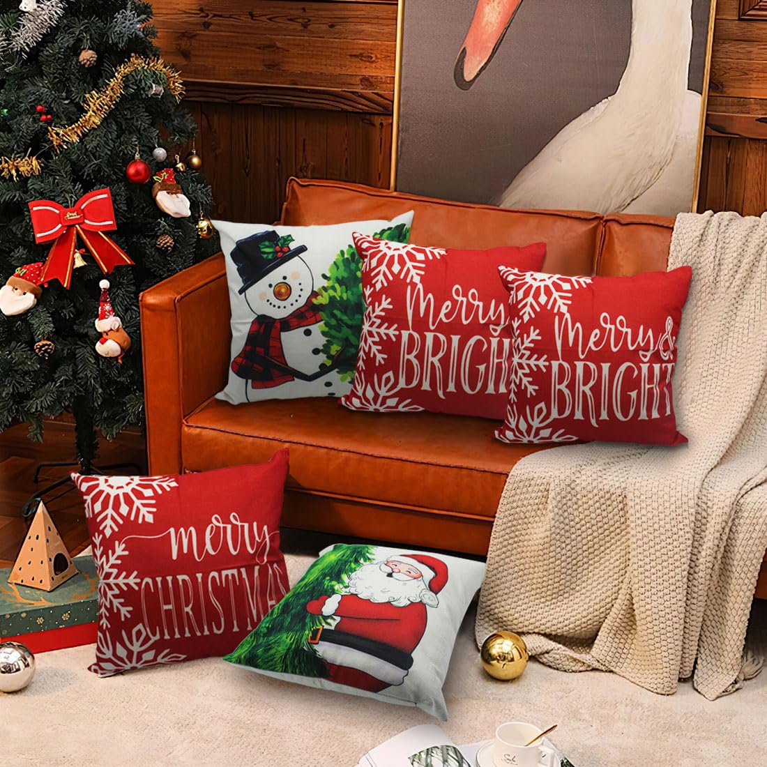 PSDWETS Merry Christmas Pillow Covers 18x18 Set of 4 Christmas Decorations Snowman Santa Claus Wreath Christmas Tree Winter Holiday Decor Throw Cushion Case for Home Couch