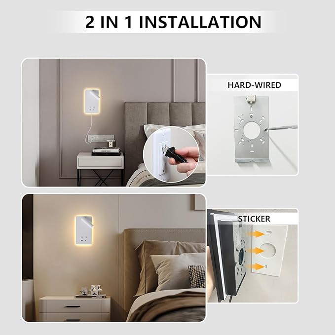 LED Wall Lamp Wall Mounted Reading Lights with 3 Brightness Dimmable, Adjustable Headboard Plug in Wall Sconce with USB C+A Ports, Bed Side Lamp with 9W+3W Night Light 3000K