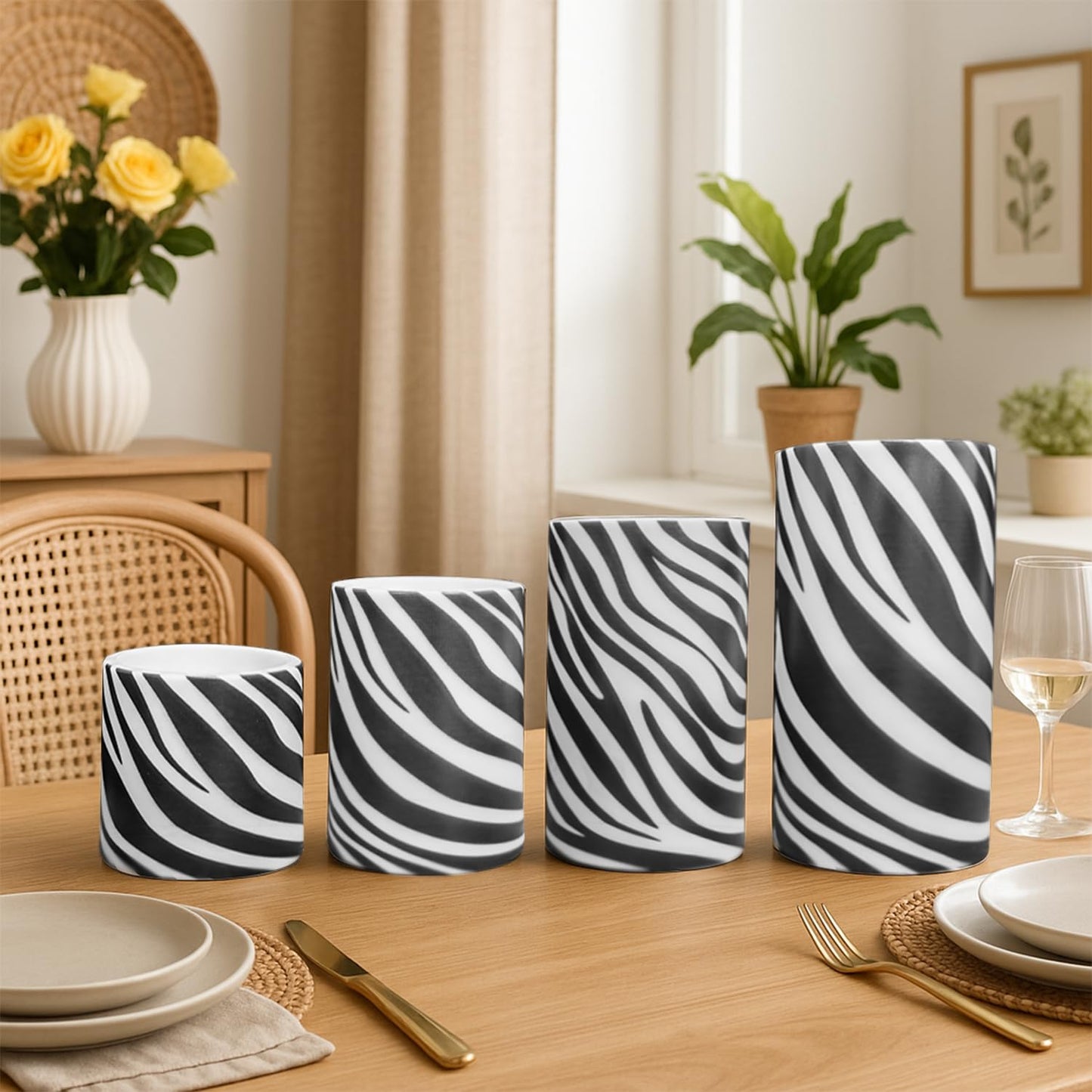 ONEIHOMM Zebra-Stripe Printed LED Candles Battery Operated Pillar Flameless Candles Bulk with Timer Remote for Animal Lover,Black and White Decor,Animal Theme Party Home Zebra Decor
