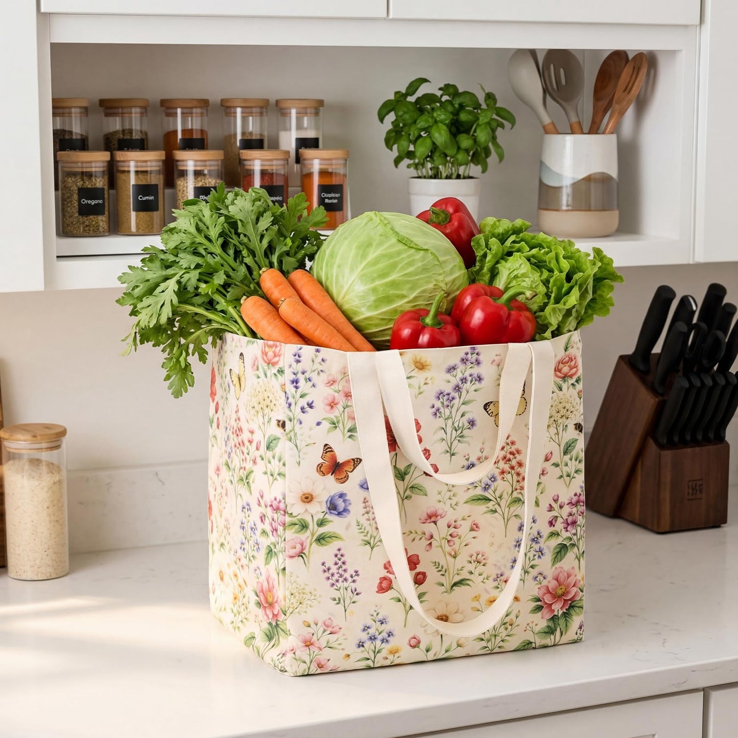 Ovveroche Large Canvas Grocery Tote Bag with Floral Reusable Heavy Duty Shopping Tote Bags with 6 Inner Pockets & Hard Bottom