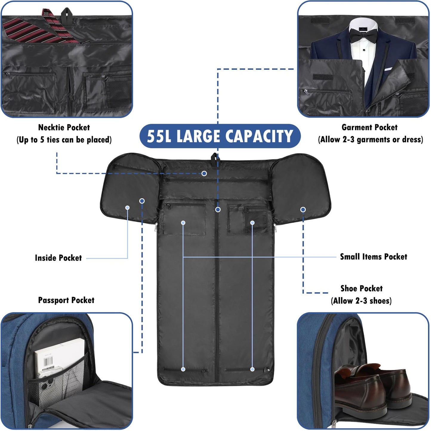 Pucuwu Garment Bags for Travel - Large Suit Bag for Men Carry On Garment Bag, Convertible Garment Duffle Bag with Shoes Compartment, 2 in 1 Hanging Dress Suitcase Suit Travel Bags (Dark Blue)
