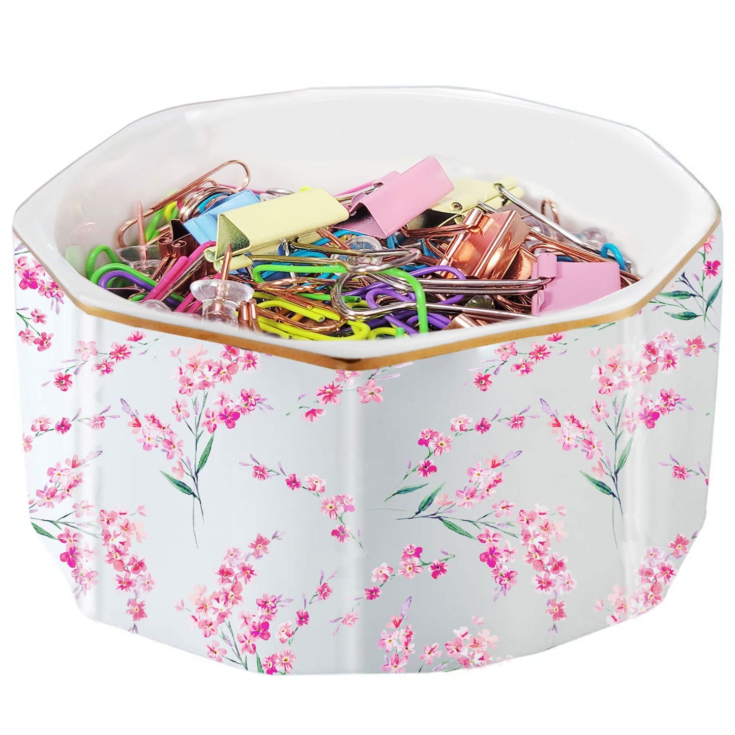 LEAZUL Ceramic Paper Clip Holder Gold Line Paper Clip Dispenser Organizer for Desk Cute Floral Pattern Office Binder Clip Holder Bobby Pin and Hair Clip Holder Gift for Office Pink Flowers