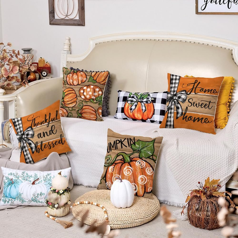 GEEORY Fall Wood Pumpkin Buffalo Plaid Sweet Home Pillow Covers 18x18 Set 4