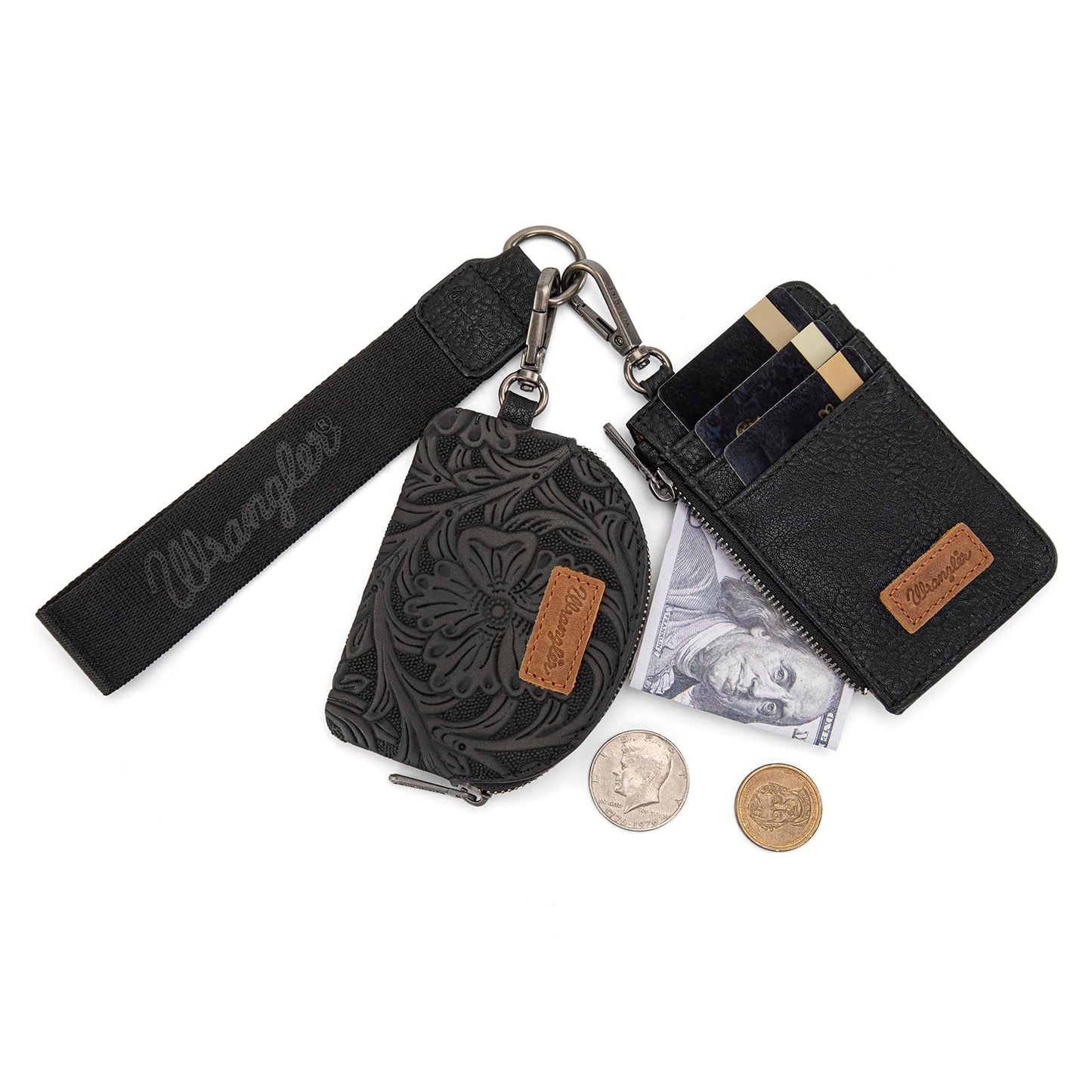 Montana West Wrangler KeyChain Wristlet Wallets for Women Western Dual Pouch Wristlet Embroidered Boot Scroll Card Holder Wallet With Zipper