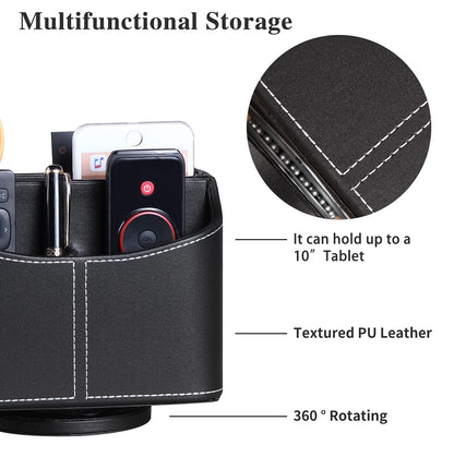 YAPISHI Leather Remote Control Holder, 360 Degree Spinning Desk TV Remote Caddy/Box,Bedside Table Organizer for Controller, Media, Mail, Calculator, Mobile Phone and Pen Storage
